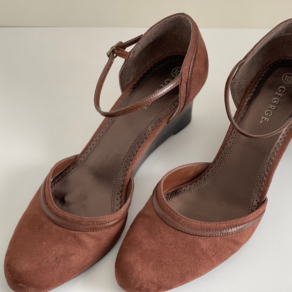 George Brown Suede Leather Wedge 2.75" Wood grain Wedge Heel